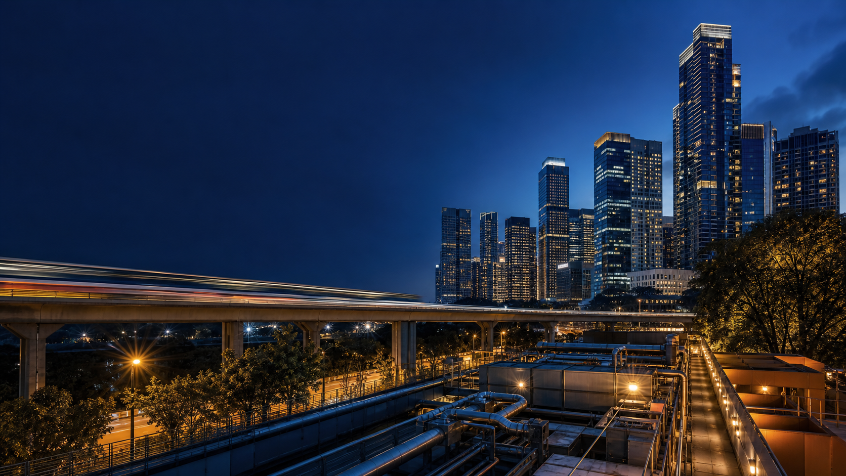 Singapore skyline, rail infrastructure and engineering systems at blue hour